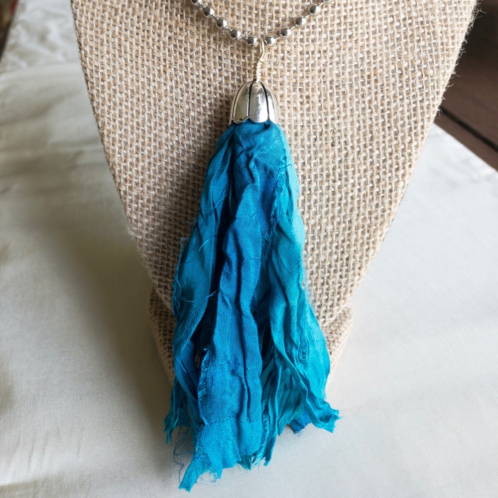 Blue Sari Satin Tassel Boho Necklace